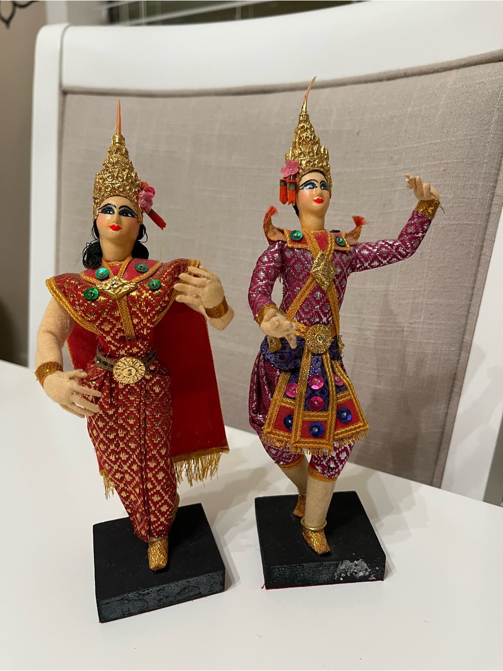 Vintage Thai Dancing Doll Pair 10” Handcrafted Traditional Costume Figures